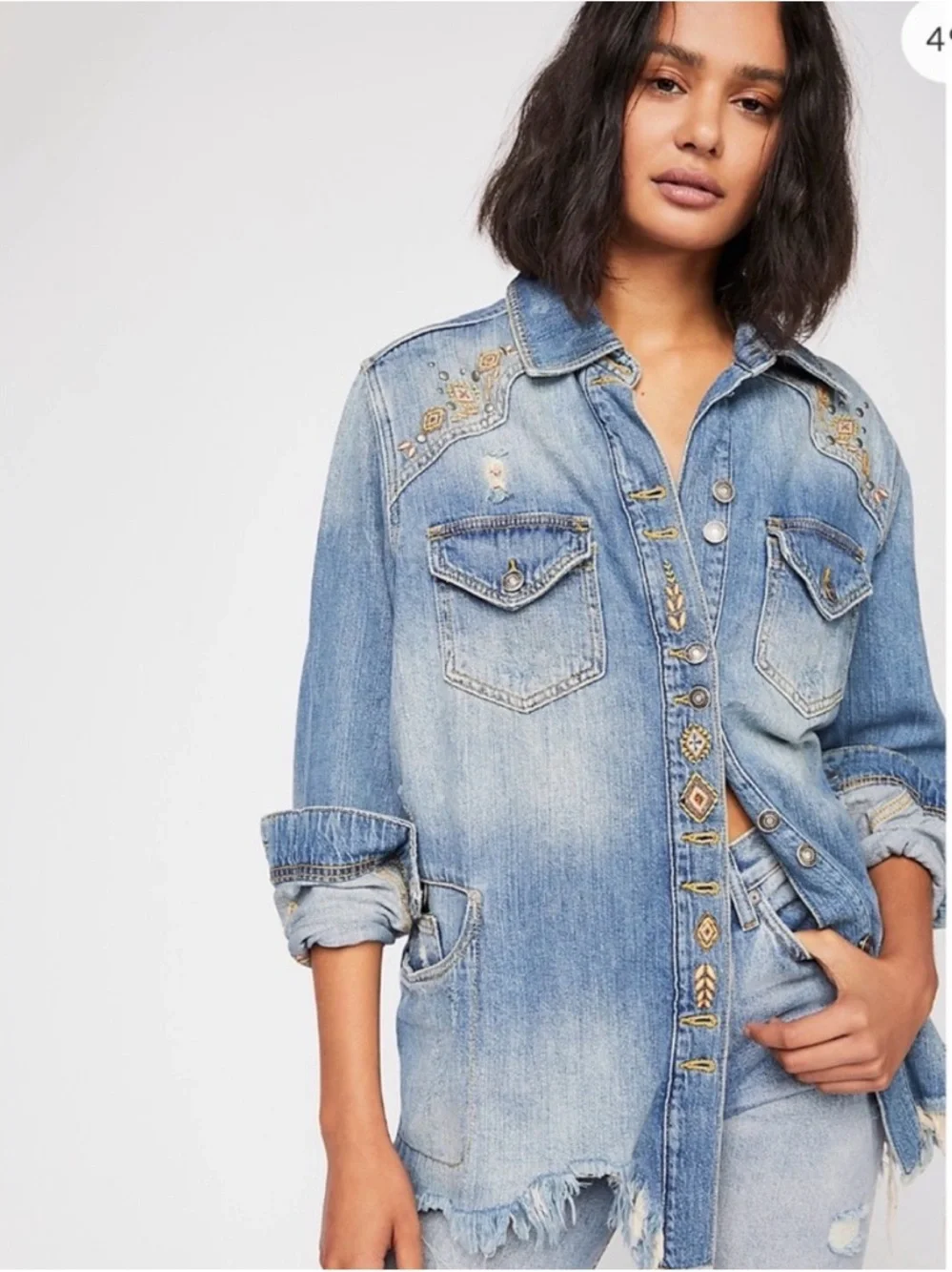 Free People Blue Embellished Distressed Denim Jacket - Picture 2 of 2